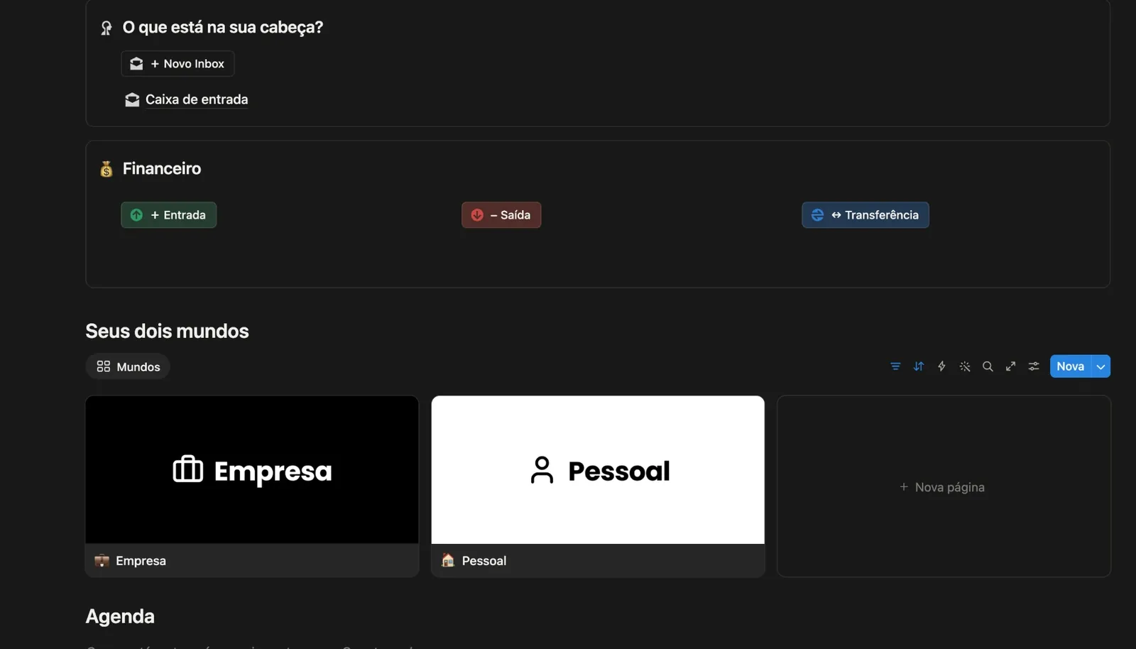 Página inicial do Segundo Cérebro no Notion: caixa “O que está na sua cabeça?” com os botões Novo Inbox e Caixa de entrada, bloco Financeiro com Entrada, Saída e Transferência, e a seção Seus dois mundos com Empresa e Pessoal.