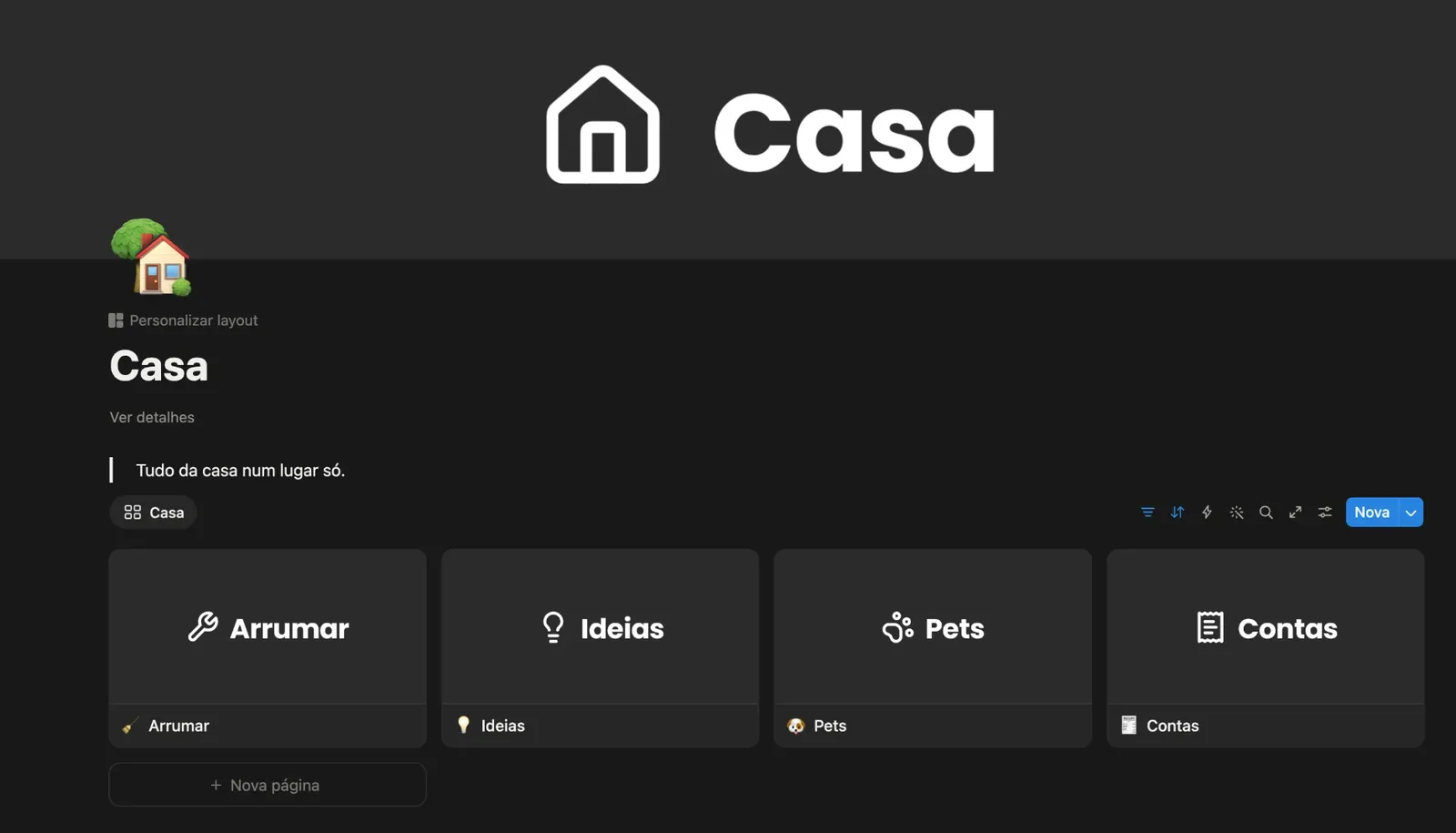 Página Casa com os cartões Arrumar, Ideias, Pets e Contas.